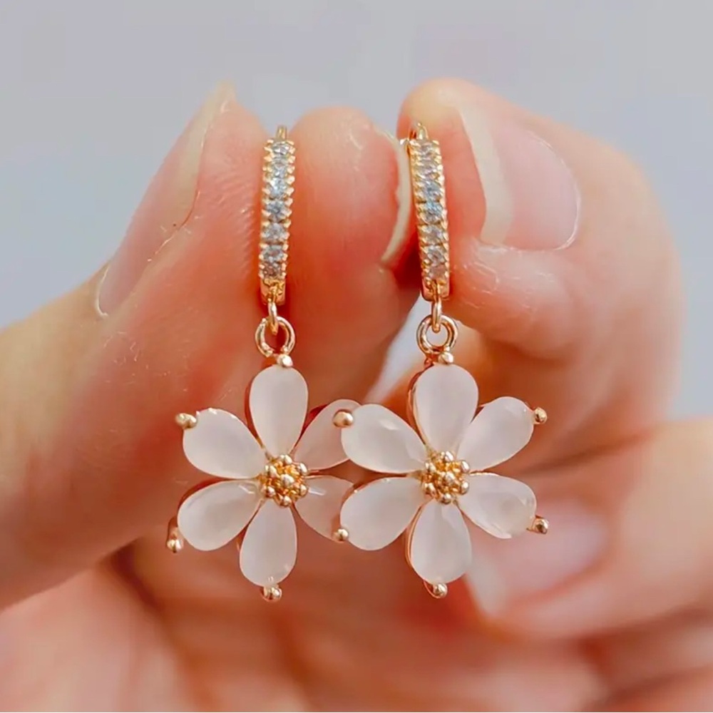 Pink CZ flower 14k gold plated huggie earrings. New. - Picture 2 of 9